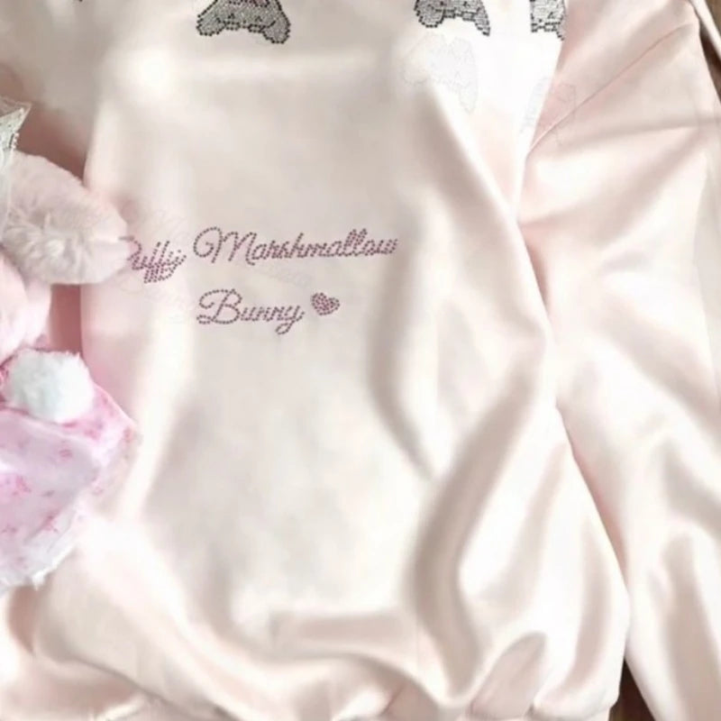 Kawaii Pink Lace-Trimmed Bow Print Pullover Sweatshirt