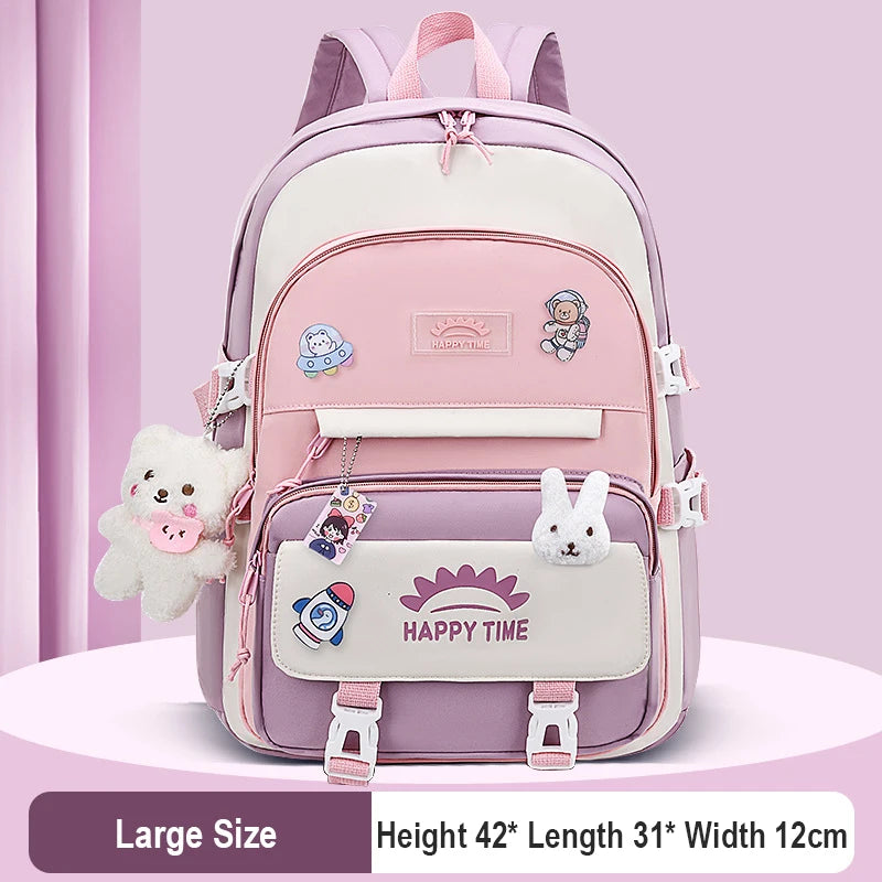 Kawaii Multi-Pocket Nylon Backpack with Bear & Bunny Charms