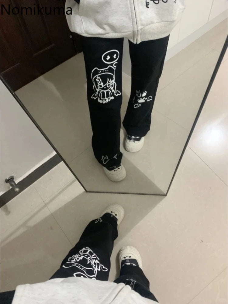 Kawaii Women's Black Cartoon Print Straight-Leg Pants