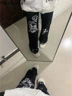 Kawaii Women's Black Cartoon Print Straight-Leg Pants