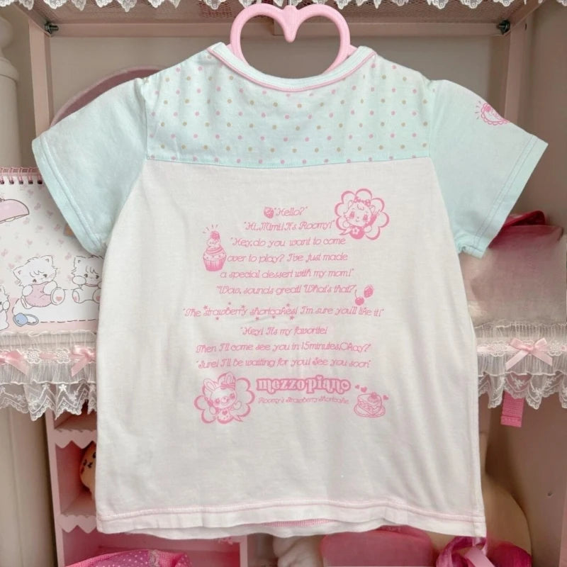 Kawaii Women's Light Blue Cartoon Graphic T-Shirt