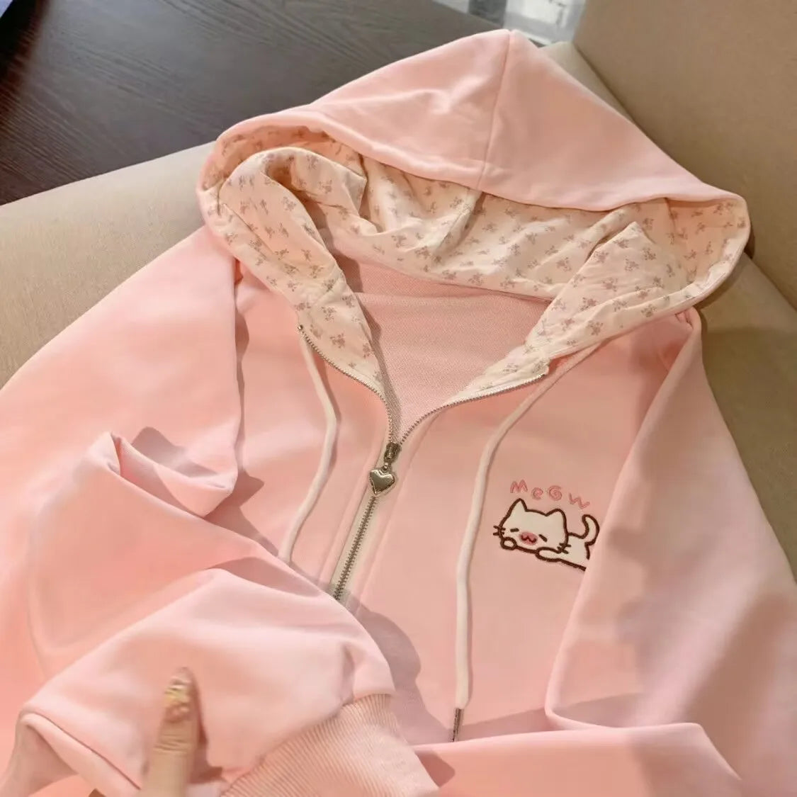 Kawaii Cat Embroidery Hooded Zip Hoodie