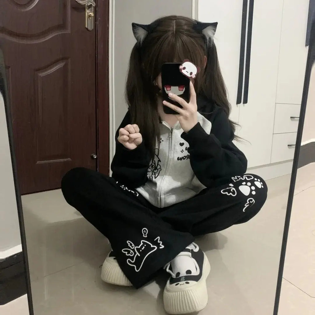 Kawaii Women's Black Cartoon Print Straight-Leg Pants