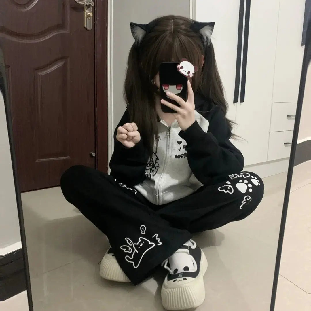 Kawaii Women's Black Cartoon Print Straight-Leg Pants