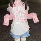 Women's Kawaii Cartoon Graphic Off-Shoulder Lace Bow T-Shirt