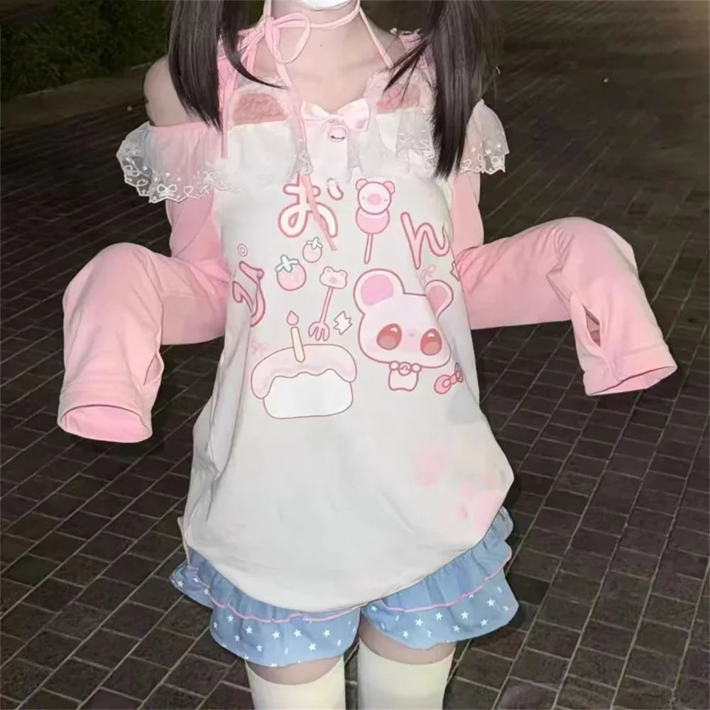 Women's Kawaii Cartoon Graphic Off-Shoulder Lace Bow T-Shirt