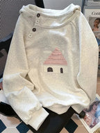 Kawaii Women's Hooded Cottage Print Pullover Sweatshirt - White Gray