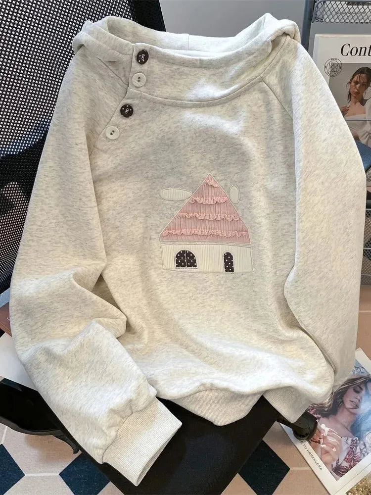 Kawaii Women's Hooded Cottage Print Pullover Sweatshirt - White Gray