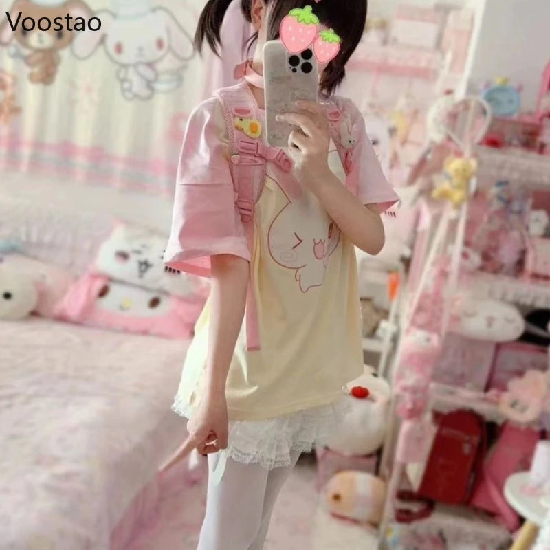 Kawaii Bunny Print T-Shirt with Pink Sleeves