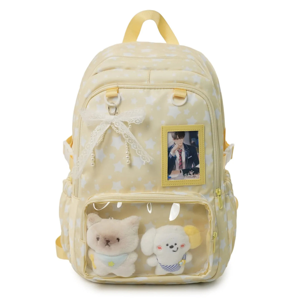 Star Print Kawaii Backpack with Clear Front Pocket, Lace Bow & Plush Display
