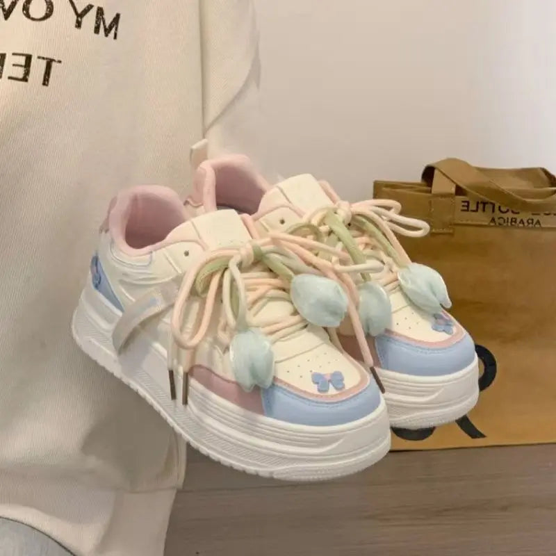 Kawaii Flower Charm Platform Sneakers - White with Green, Pink or Blue