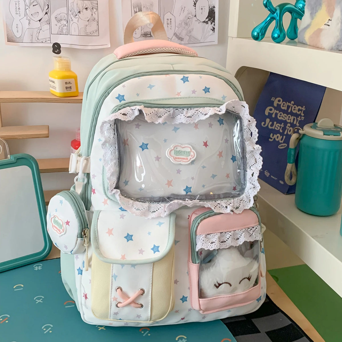 Kawaii Star Print Lace-Trim Backpack with Plush Front Pocket