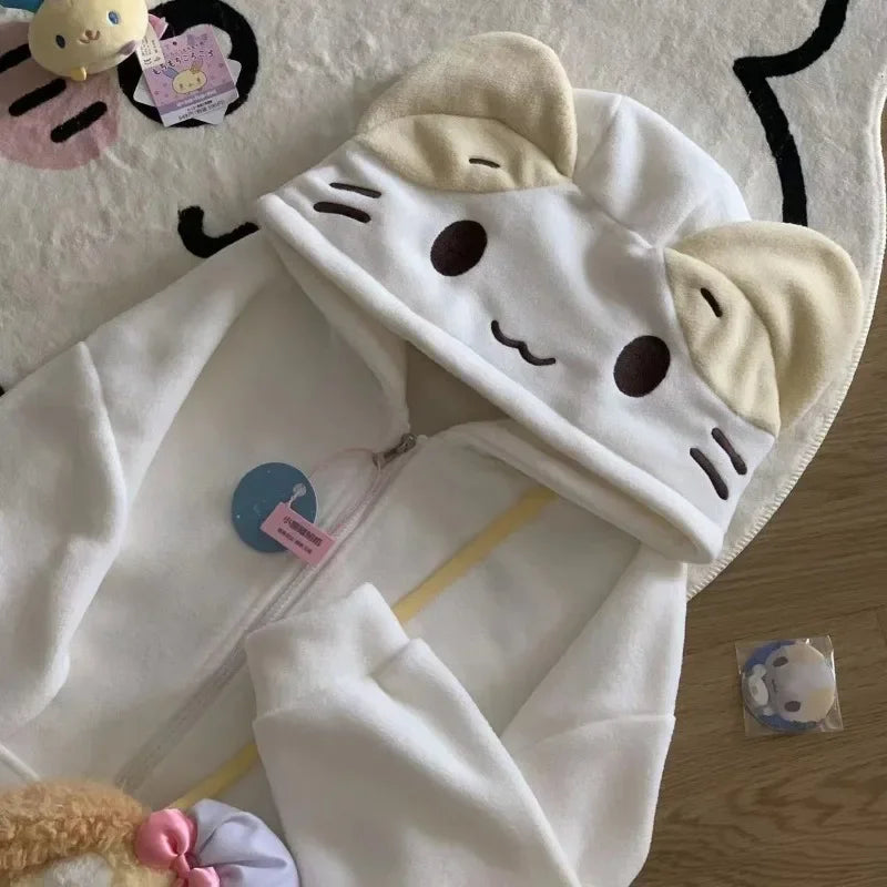 Kawaii Women's White Cat-Ear Hooded Zip Jacket