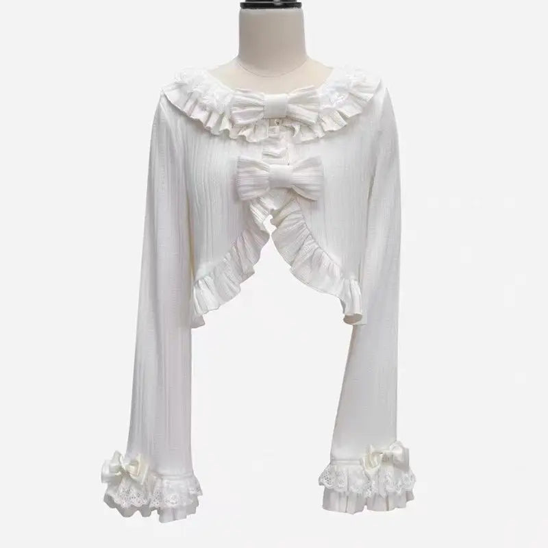 Kawaii Women’s Ruffled Bow Knit Cropped Cardigan