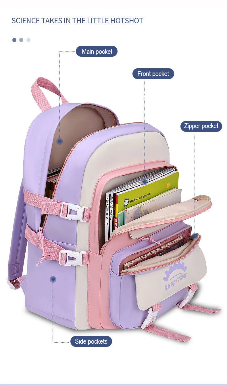 Kawaii Multi-Pocket Nylon Backpack with Bear & Bunny Charms