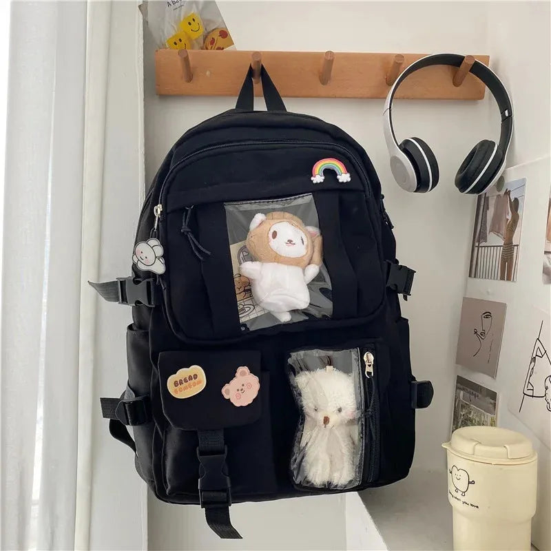 Kawaii Multi-Pocket Backpack – White, Purple or Black