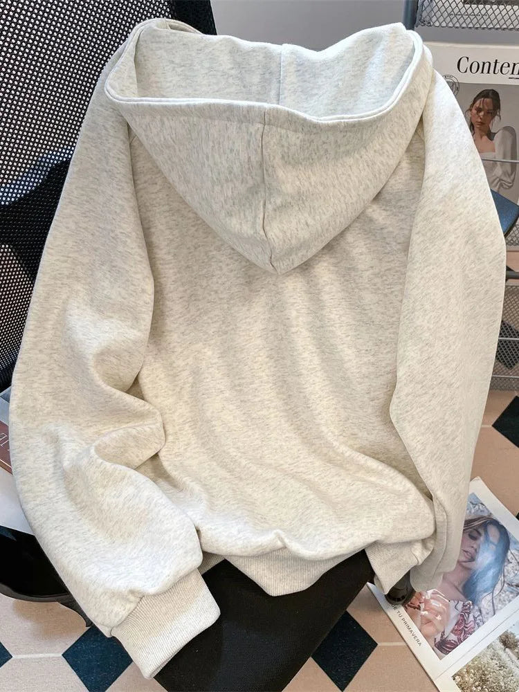 Kawaii Women's Hooded Cottage Print Pullover Sweatshirt - White Gray