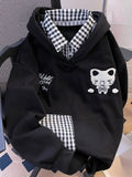 Kawaii Cat Embroidery Gingham-Trim Hoodie
