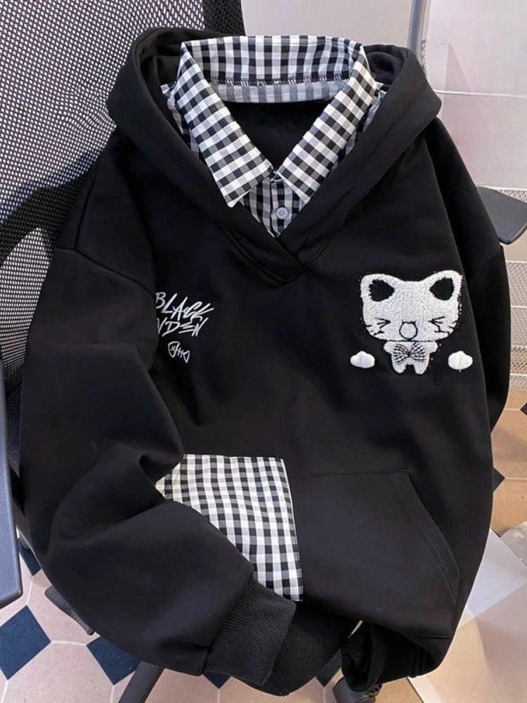 Kawaii Cat Embroidery Gingham-Trim Hoodie