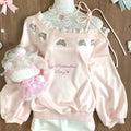 Kawaii Pink Lace-Trimmed Bow Print Pullover Sweatshirt