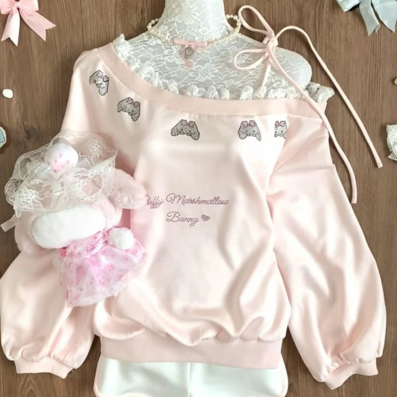 Kawaii Pink Lace-Trimmed Bow Print Pullover Sweatshirt