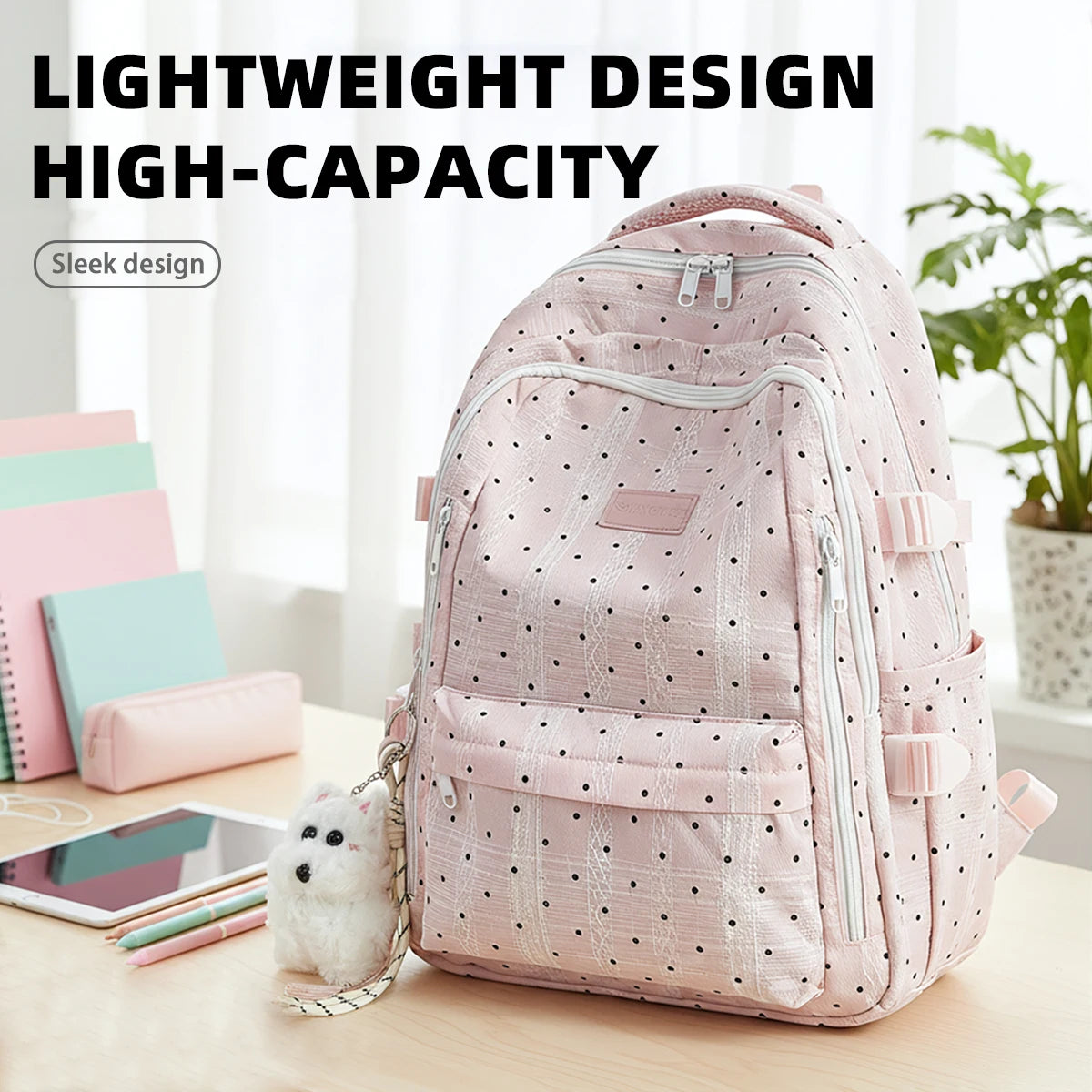 Kawaii Polka Dot School Backpack with Multiple Pockets