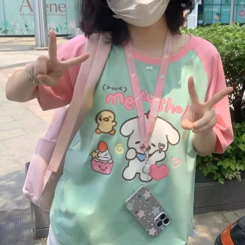 Kawaii Mint Green and Pink Raglan Cartoon Graphic T-Shirt