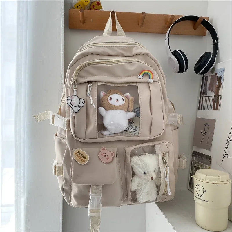 Kawaii Multi-Pocket Backpack – White, Purple or Black