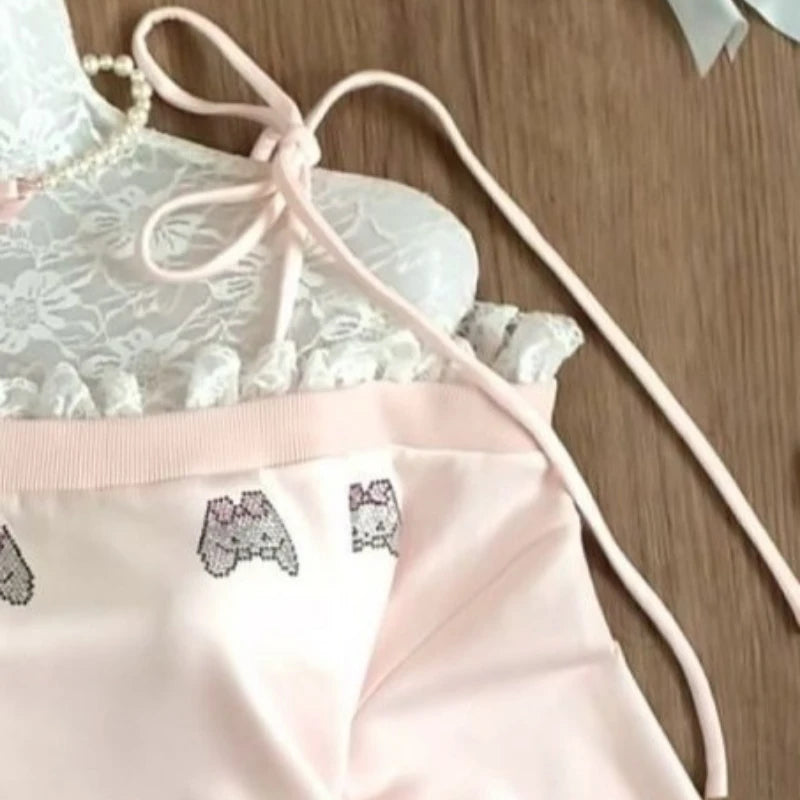Kawaii Pink Lace-Trimmed Bow Print Pullover Sweatshirt