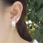 Kawaii Cat and Fish Stud Earrings in 925 Sterling Silver