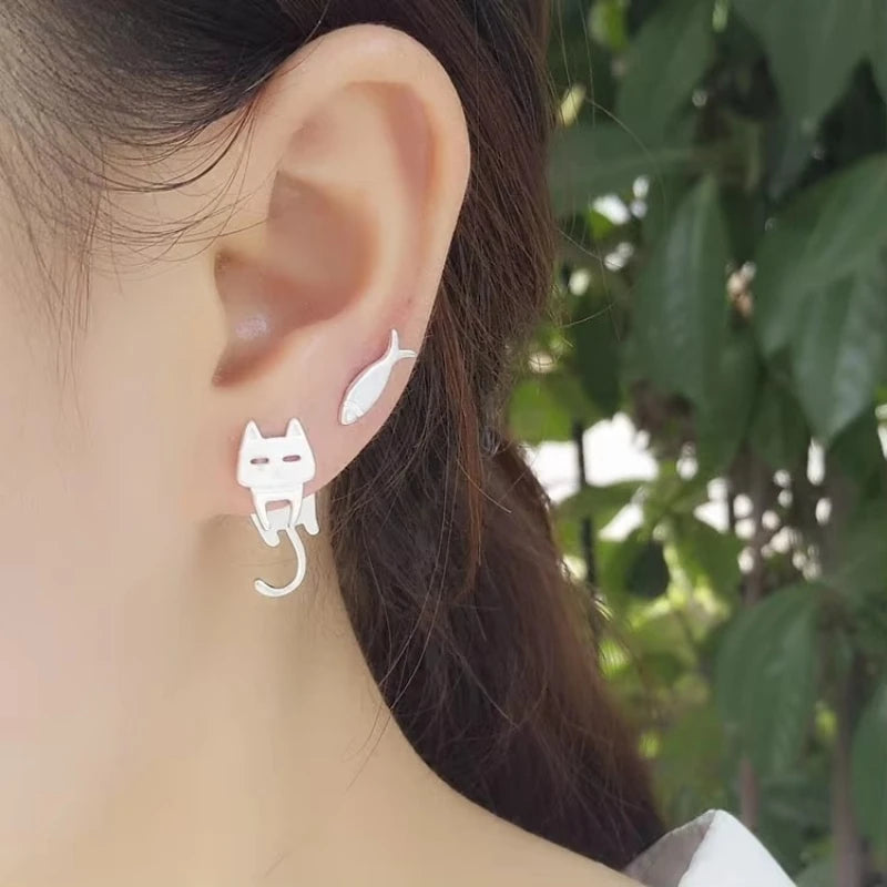 Kawaii Cat and Fish Stud Earrings in 925 Sterling Silver