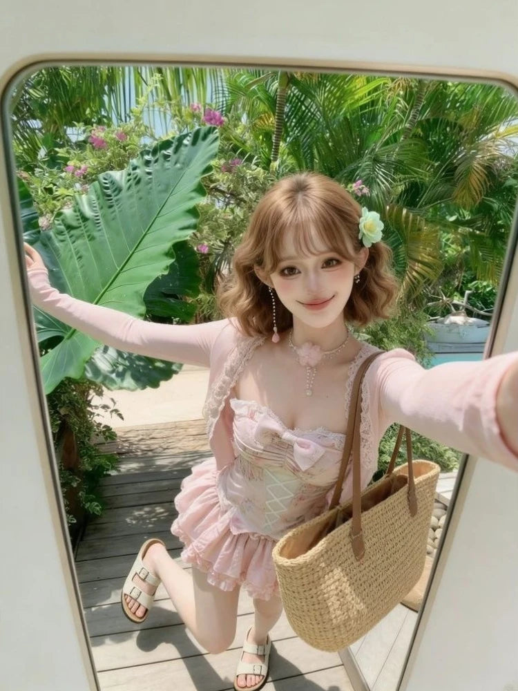 Women's Kawaii 3-Piece Skirt Set with Lace Bow