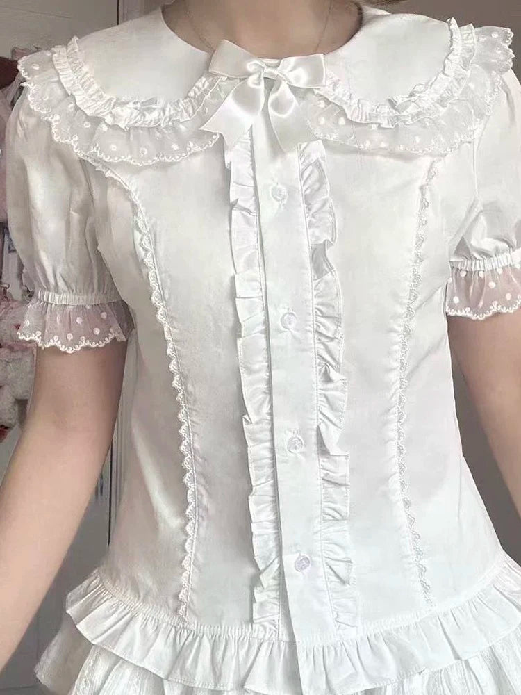 Kawaii Women's Bow-Front Peter Pan Collar Blouse