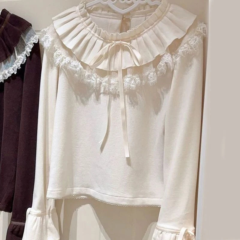 Kawaii Women's Lolita Lace Ruffle Bow Long-Sleeve T-Shirt