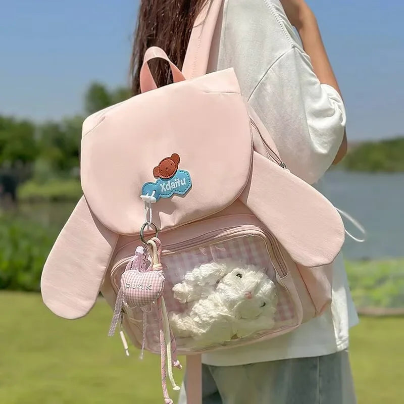 Kawaii Rabbit-Ear Ita Backpack with Transparent Front Pocket