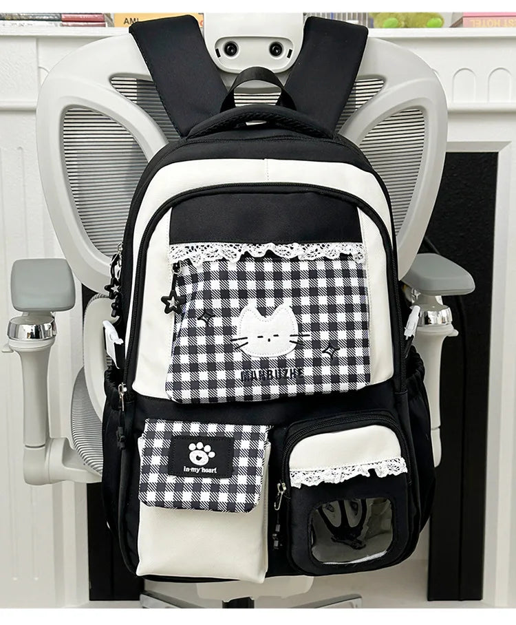 Kawaii Gingham Cat Backpack with Multiple Pockets