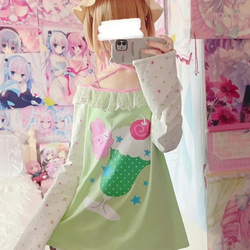 Kawaii Green Cartoon Graphic Long-Sleeve Top