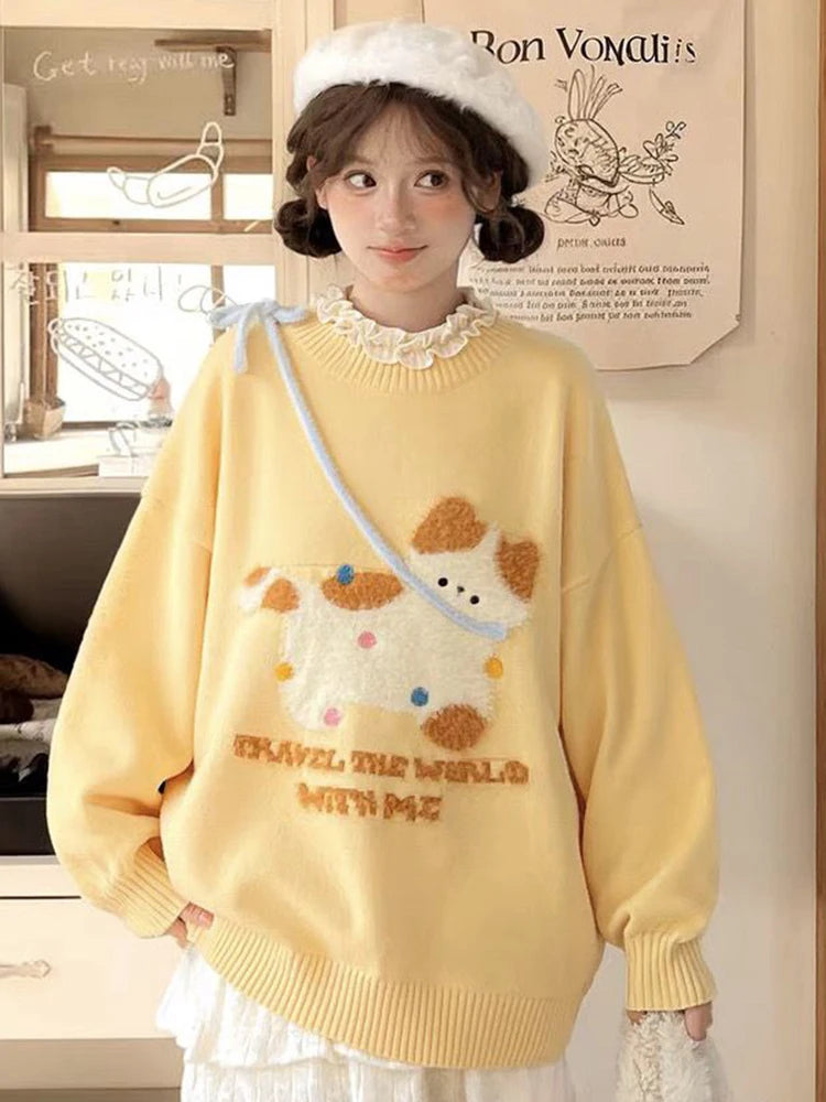 Kawaii Yellow Cartoon Cat Knit Sweater