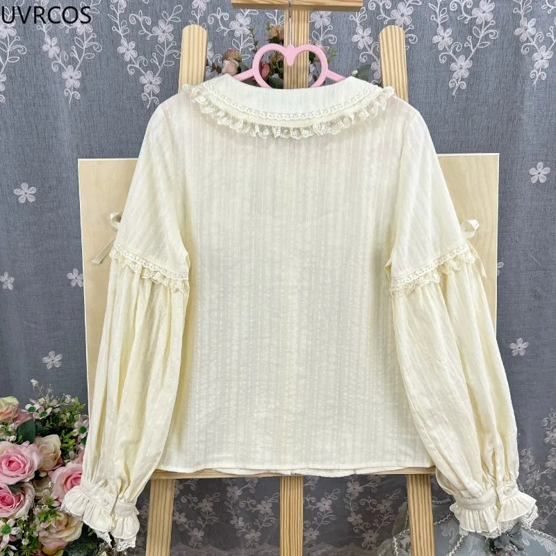 Kawaii Women's Victorian Lace Bow Blouse with Peter Pan Collar