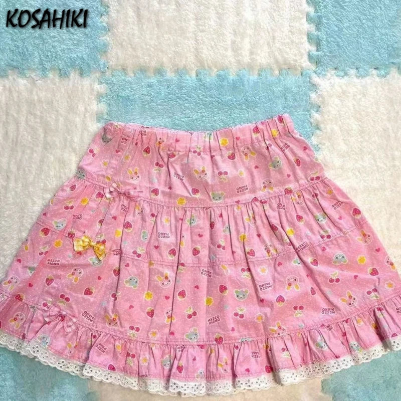 Kawaii Pink Fruit-and-Character Print Tiered Mini Skirt with Lace Trim