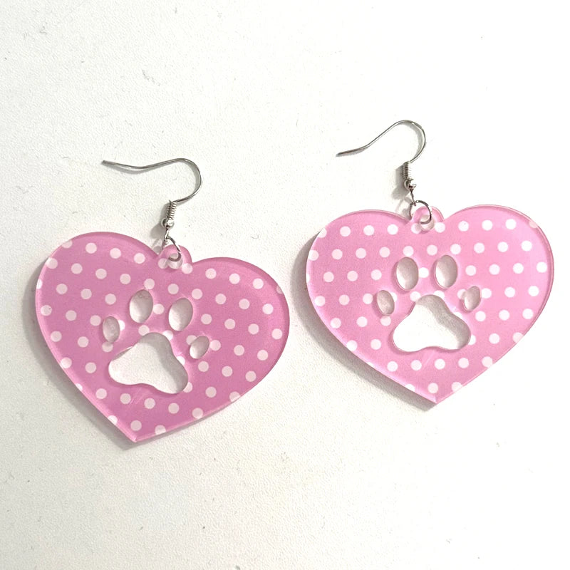 Kawaii Pink Polka Dot Heart Cat Paw Drop Earrings