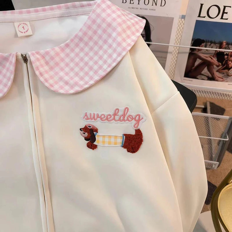 Kawaii Women's Cream Plaid Peter Pan Collar Dog Embroidery Zip-Up Sweatshirt