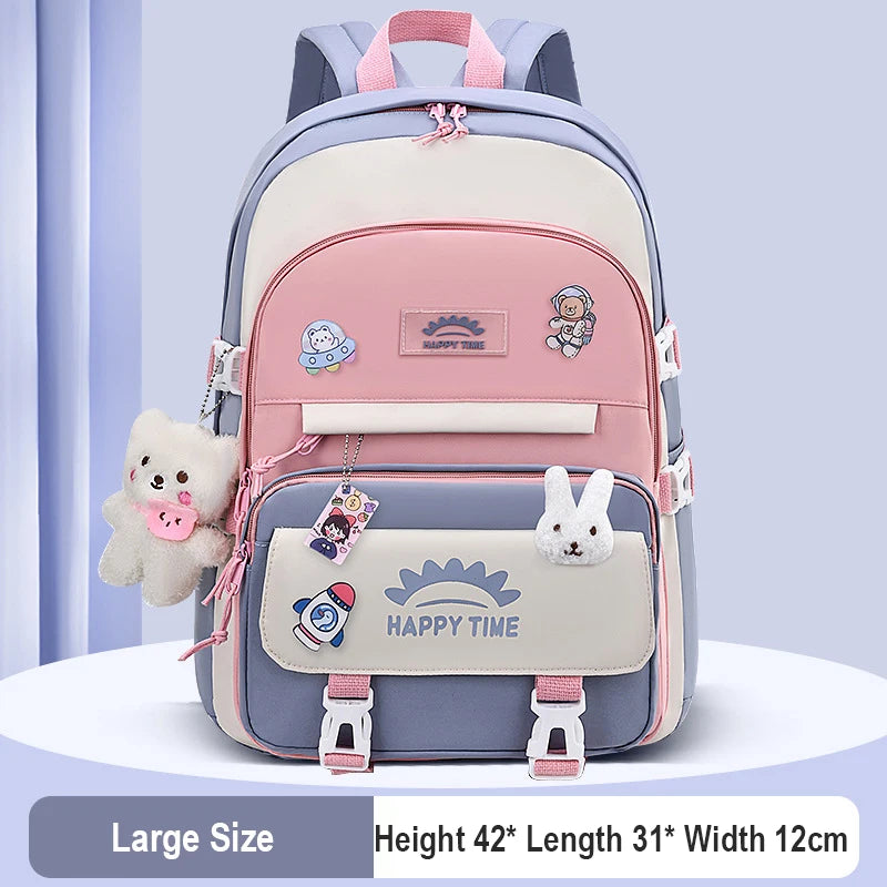 Kawaii Multi-Pocket Nylon Backpack with Bear & Bunny Charms