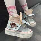 Kawaii Women's Pink Rabbit Polka Dot High-Top Platform Canvas Sneakers