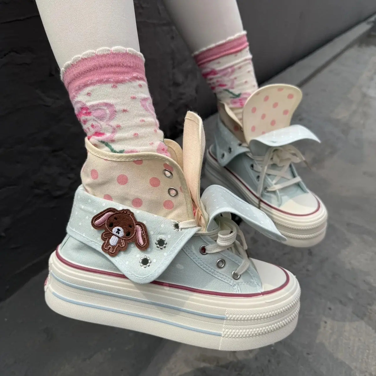 Kawaii Women's Pink Rabbit Polka Dot High-Top Platform Canvas Sneakers