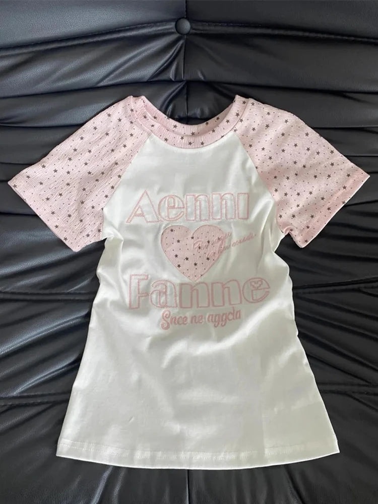 Kawaii Women’s Pink Star Sleeve Graphic T-Shirt