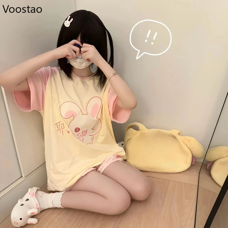 Kawaii Bunny Print T-Shirt with Pink Sleeves