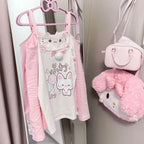 Kawaii Pink Cat Graphic Long-Sleeve Top