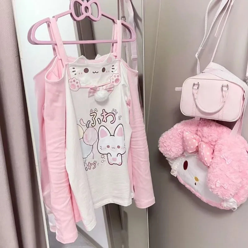 Kawaii Pink Cat Graphic Long-Sleeve Top