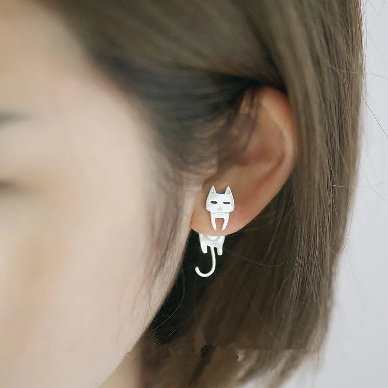 Kawaii Cat and Fish Stud Earrings in 925 Sterling Silver